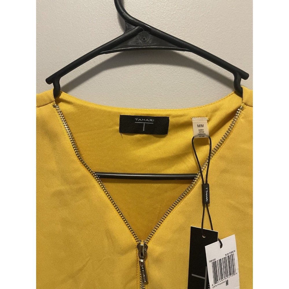 Tahari TV Neck Front zipper long batwing sleeve yellow/gold Blouson Blouse Siz M - Picture 2 of 4